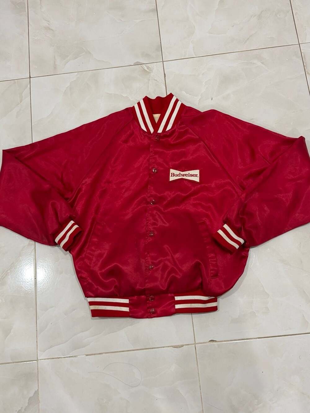 Vintage Budweiser Red Satin Varsity Bomber Jacket Large Made In USA